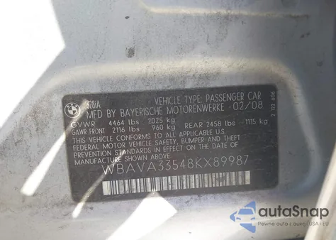 2008 BMW 328I from USA, damaged, VIN WBAVA33548KX89987